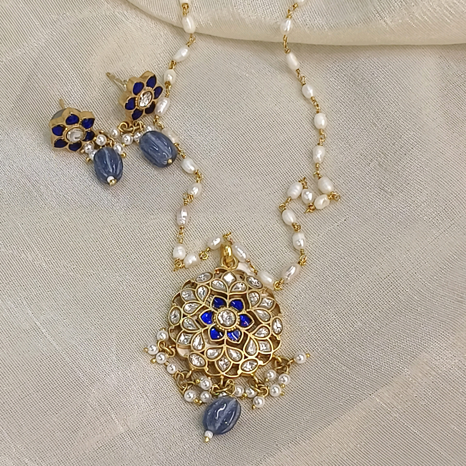 Gharana Blue Stone Kundan Set with Pearl Chain 